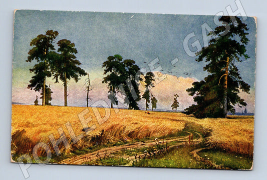 Pohlednice krajinomalba obilné pole stromy (M6456)