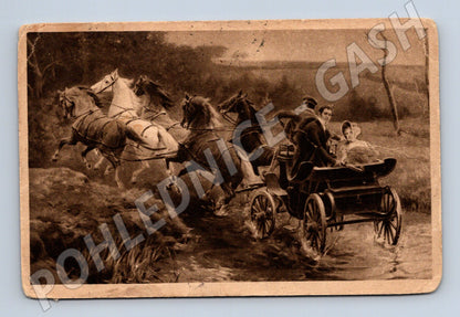 Pohlednice koňský povoz venkovská krajina prošlá (M6468)
