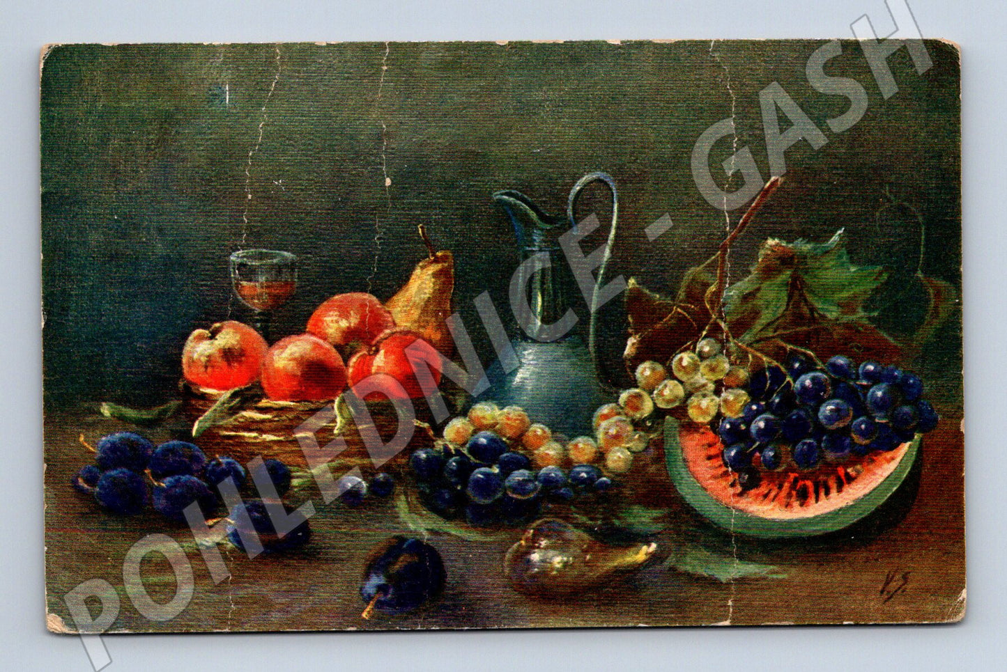 Pohlednice zátiší ovoce a džbánek RU (M6487)