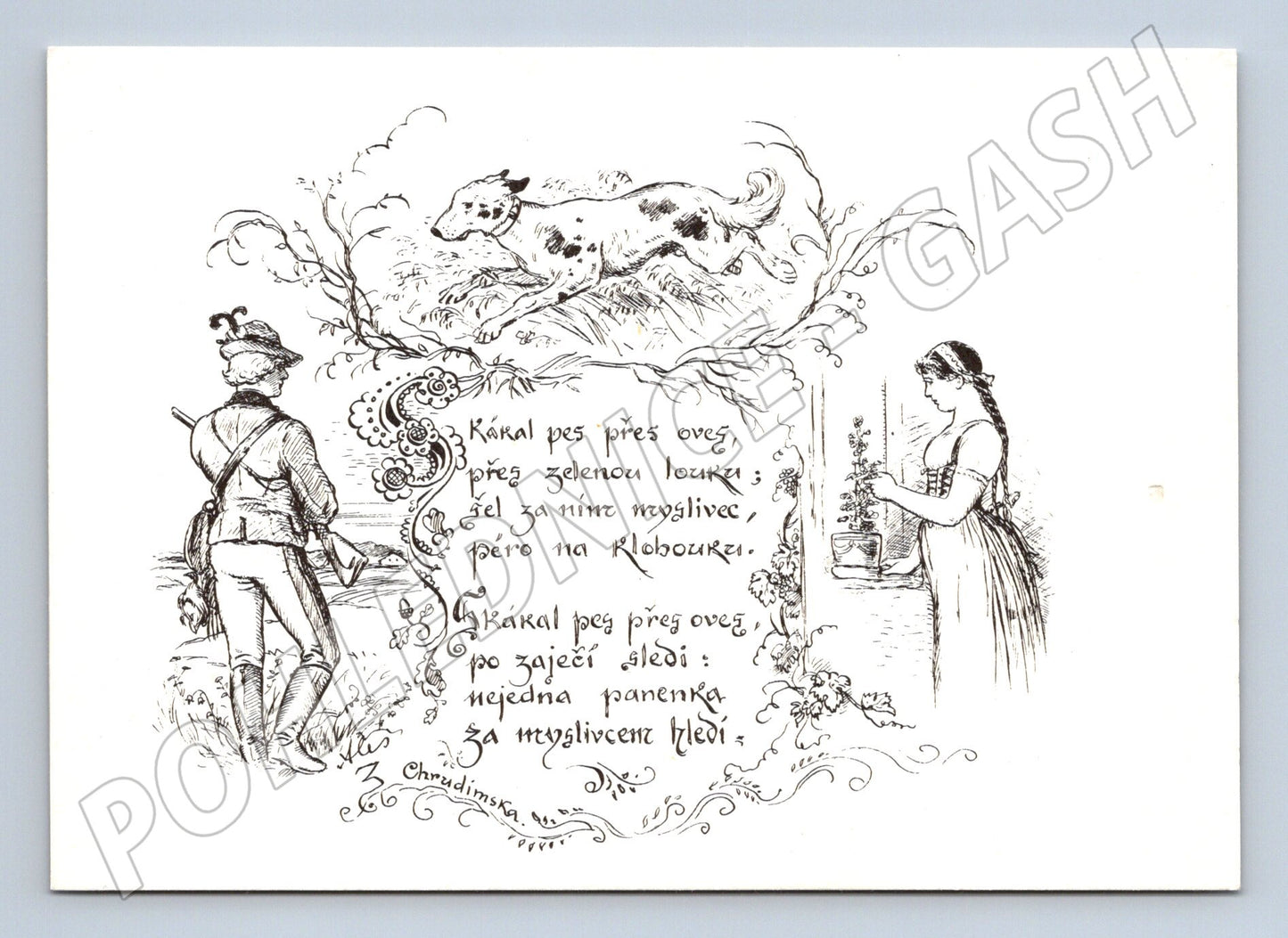 Pohlednice lovecký pes kresba M. Aleš (M6550)