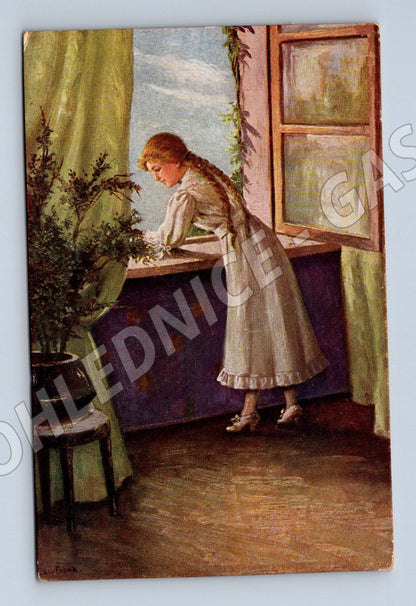 Pohlednice dívka u okna Maďarsko 1900 (M6565)