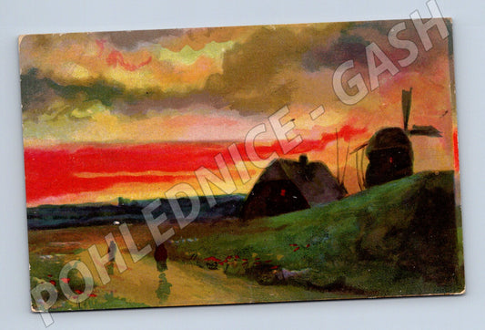 Pohlednice venkov a větrný mlýn západ slunce (M6574)