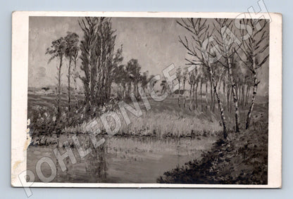 Pohlednice černobílá krajina řeka stromy (M6585)