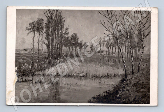 Pohlednice černobílá krajina řeka stromy (M6585)