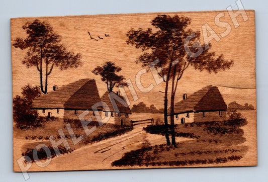 Pohlednice ručně malovaná chalupa na dřevě (M6606)