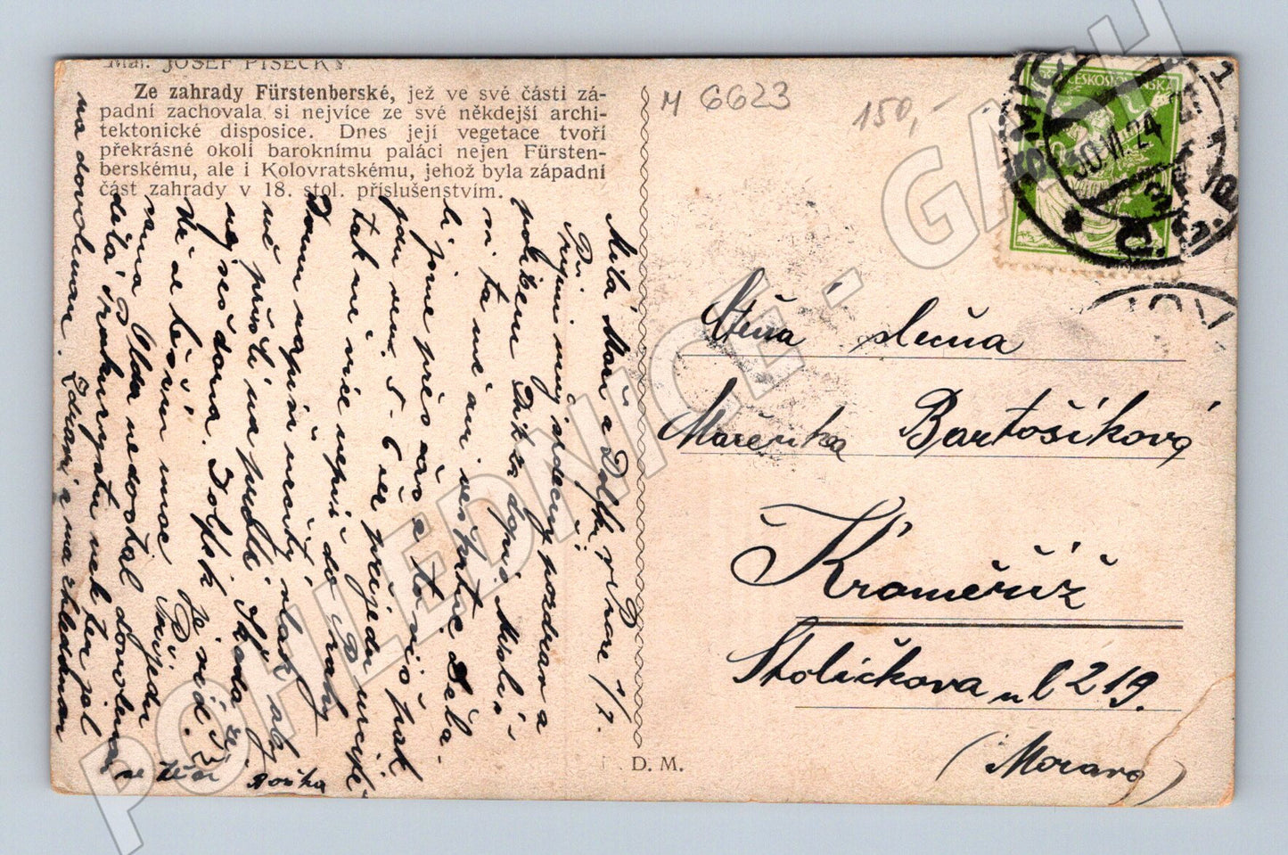 Pohlednice Fürstenberská zahrada Praha (M6623)