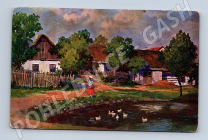 Pohlednice český venkov 1919 malovaný motiv (M6625)