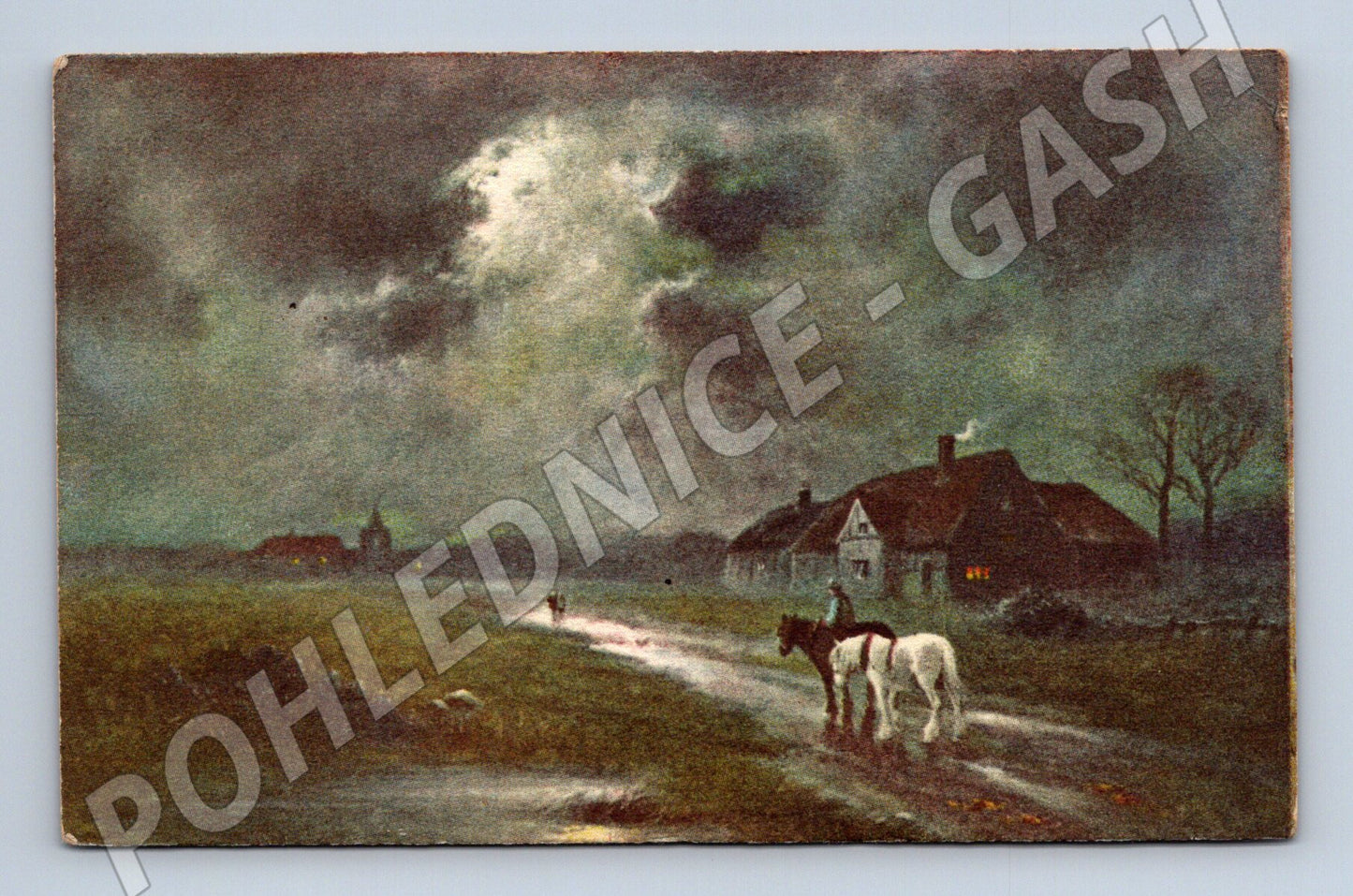 Pohlednice jezdec u stavení venkov (M6699)