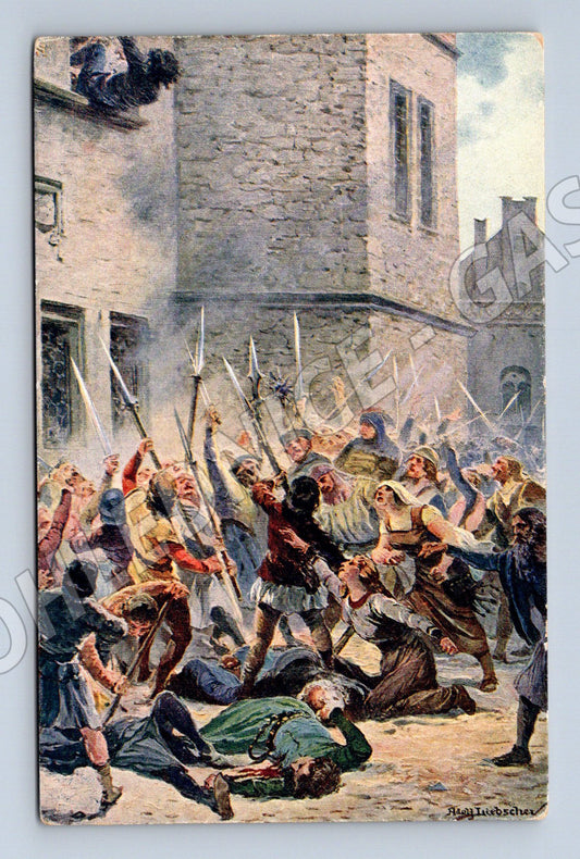 Pohlednice shození konšelů radnice (M6703)