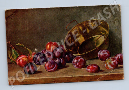 Pohlednice zátiší švestky hrnec malba (M6714)