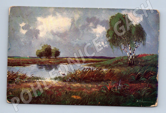 Postcard landscape with stork 1908 (M6748)
