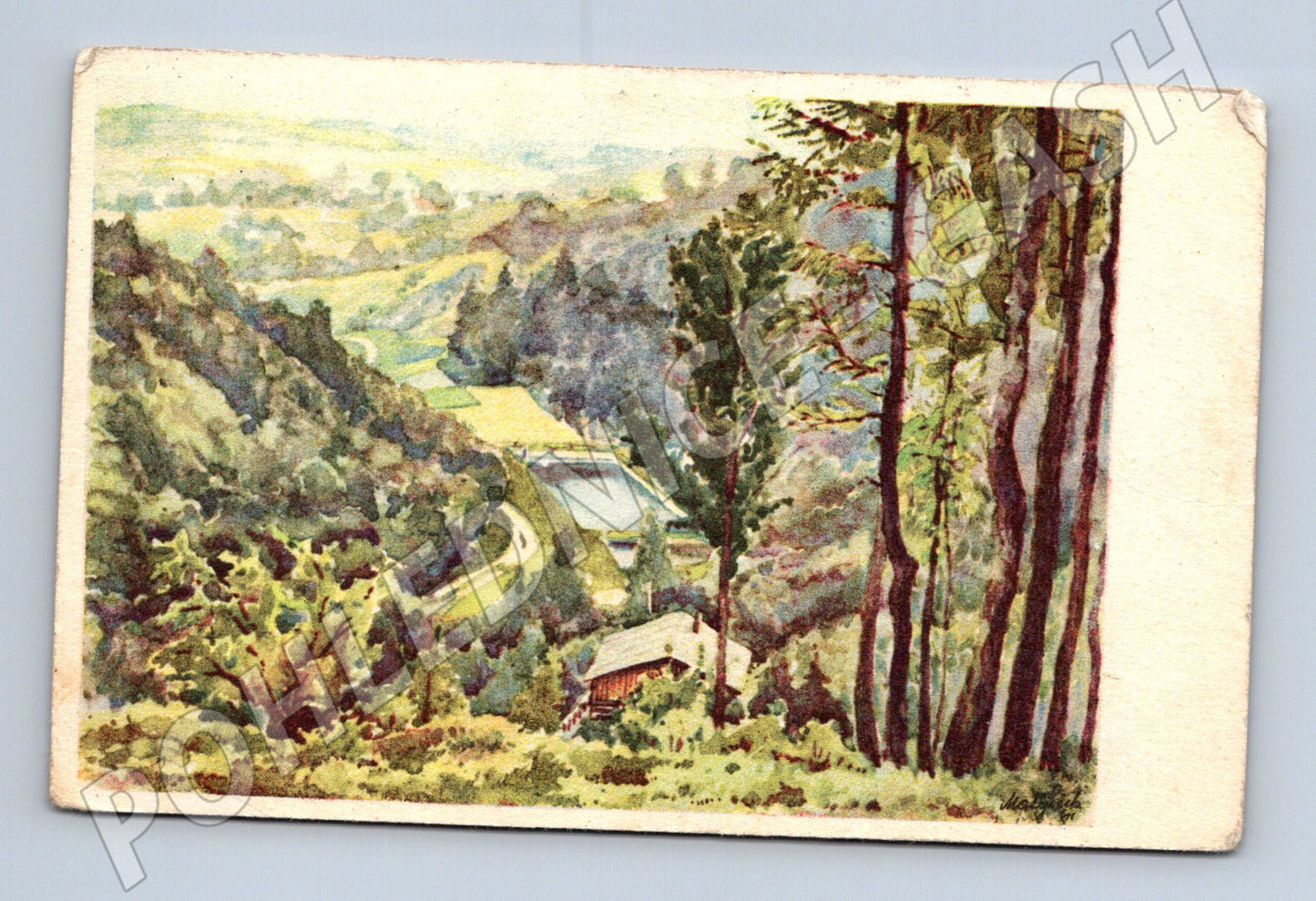 Postcard landscape forest house painting (M6753)