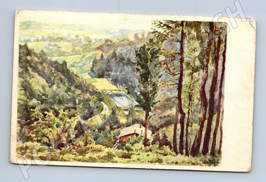 Postcard landscape forest house painting (M6753)