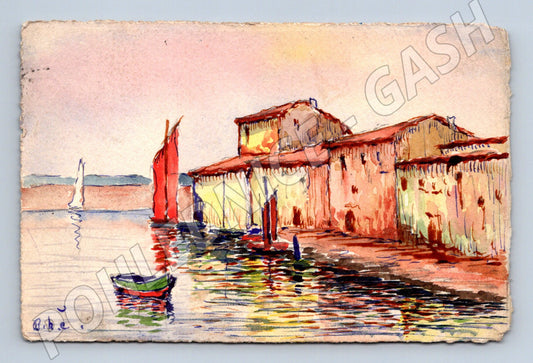 Postcard French port watercolor (M6817)