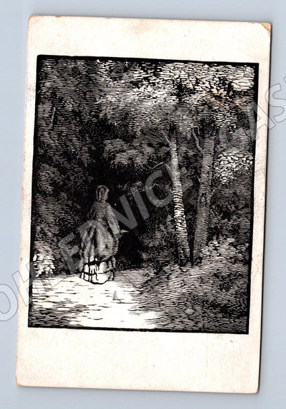 Postcard deer in the forest woodcut (M6824)