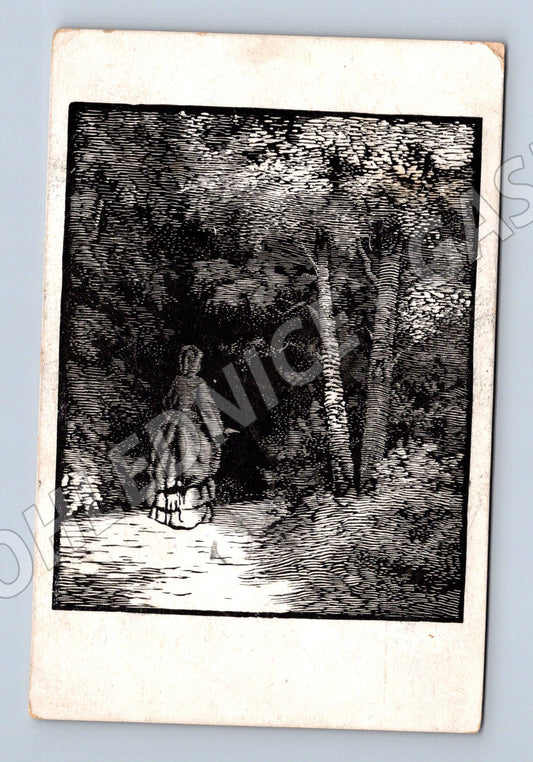 Postcard deer in the forest woodcut (M6824)