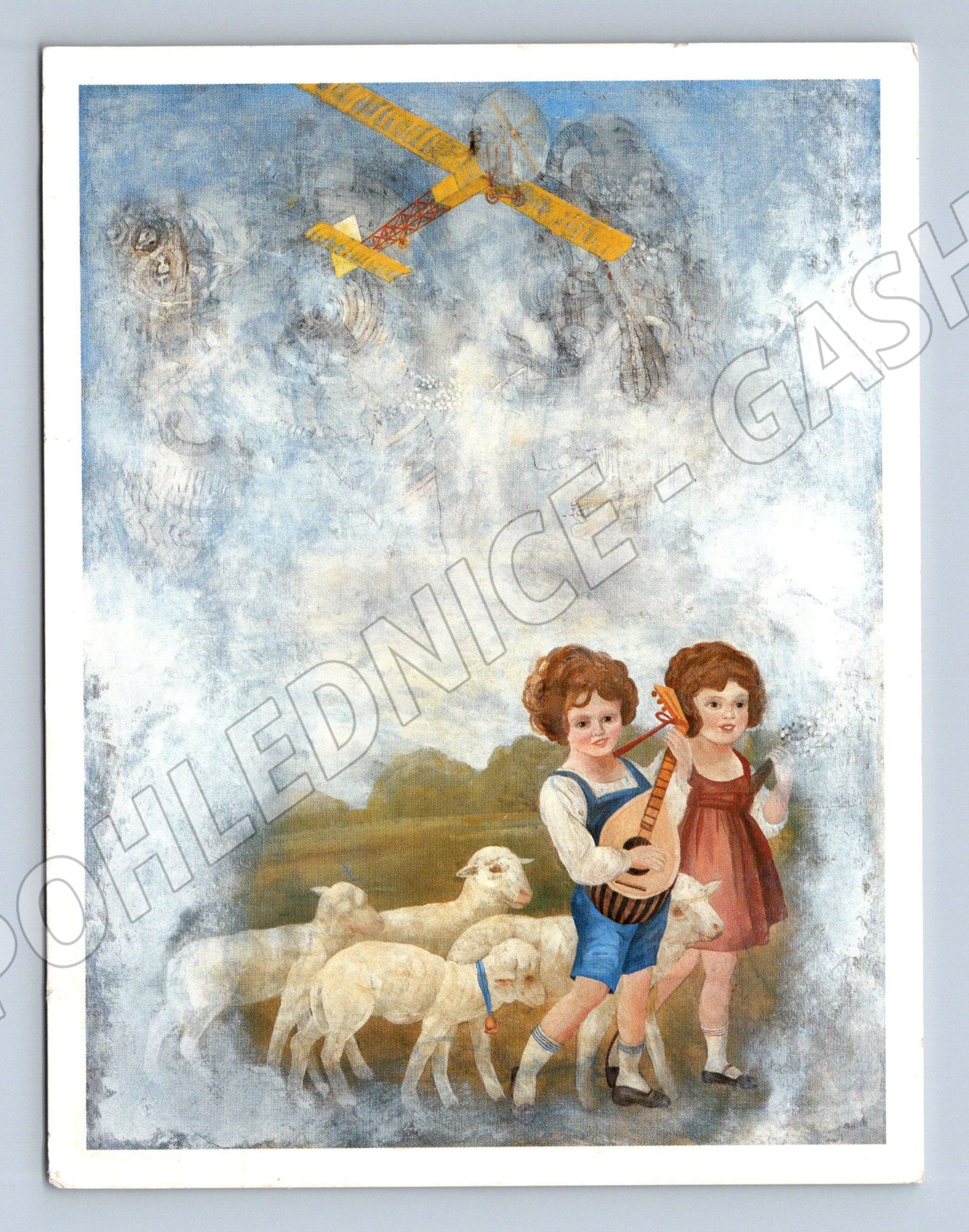 Postcard children sheep plane painting (M6837)
