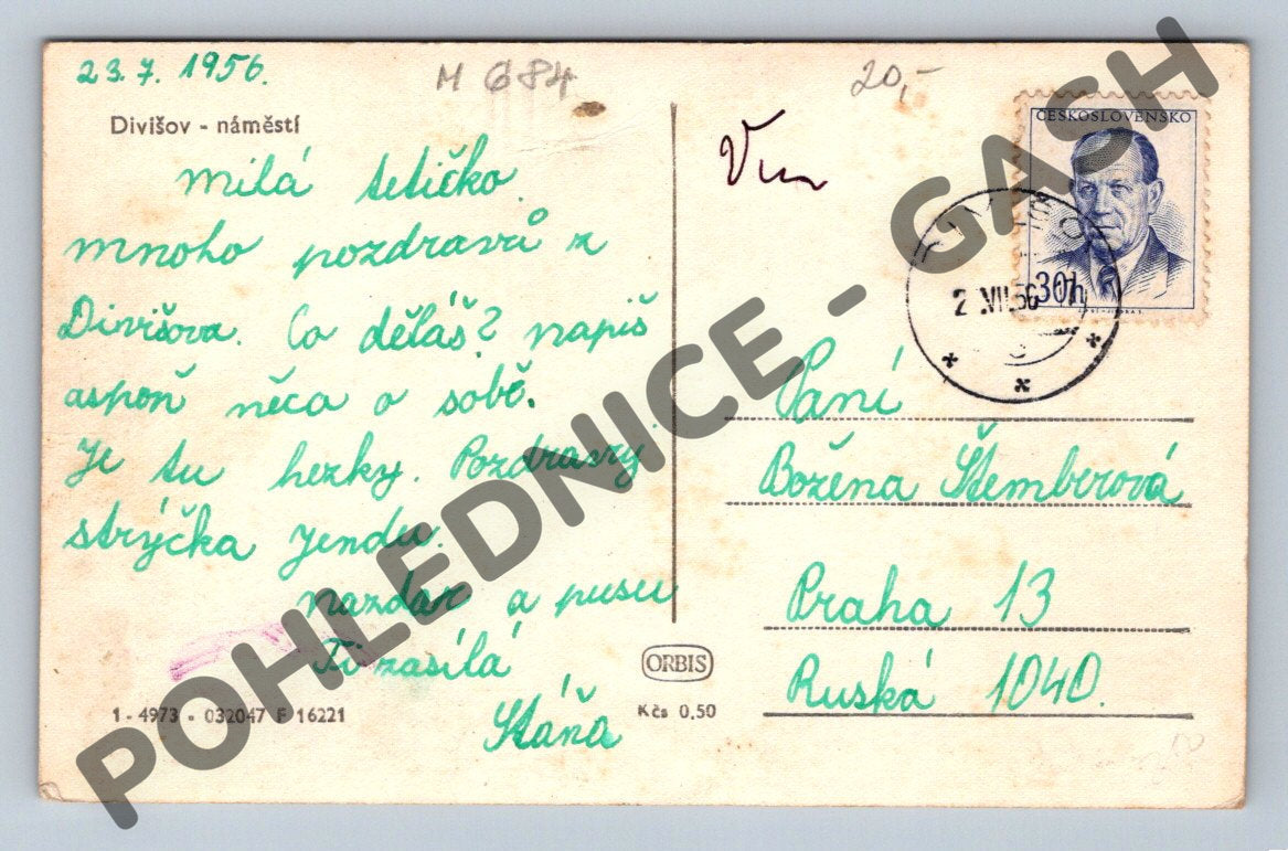 Pohlednice Divišov náměstí ČSR 1956 sběratelská (M684)