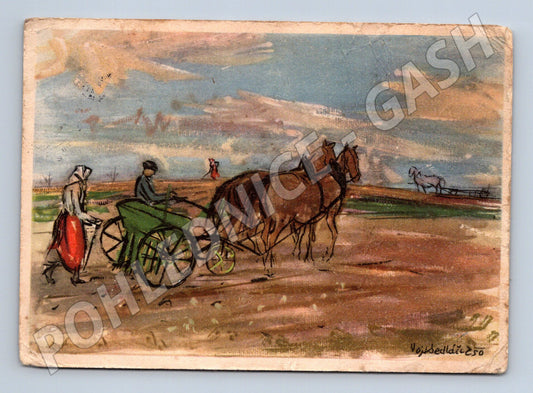 Pohlednice Velikonoce Sedláček koně povoz (M6865)