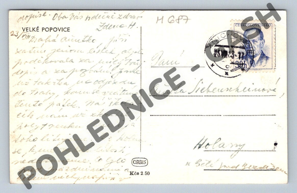 Pohlednice Velké Popovice černobílá 1945 ČSR (M687)