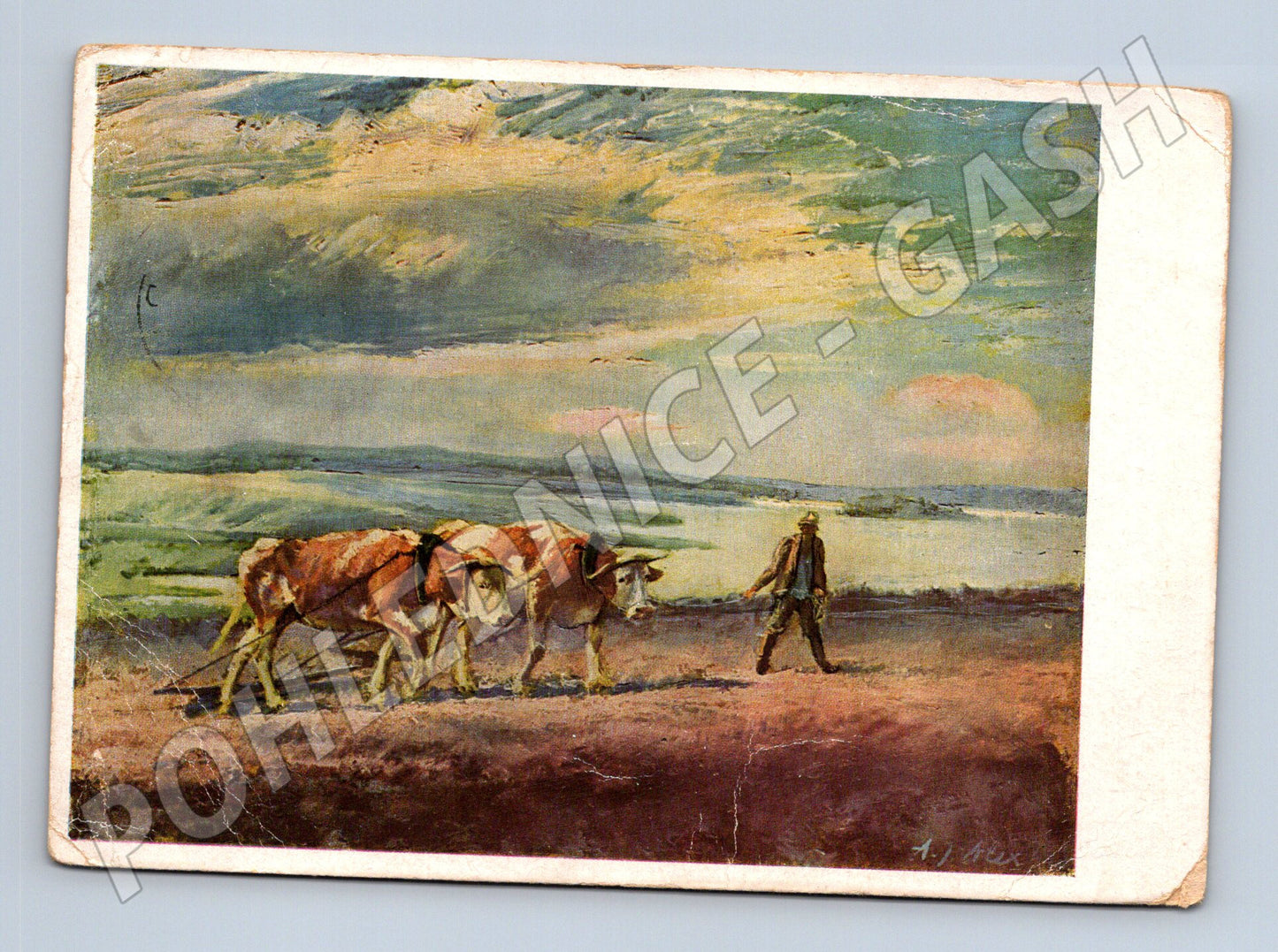 Pohlednice Zemědělec s voly A. J. Alex ČSR (M6871)