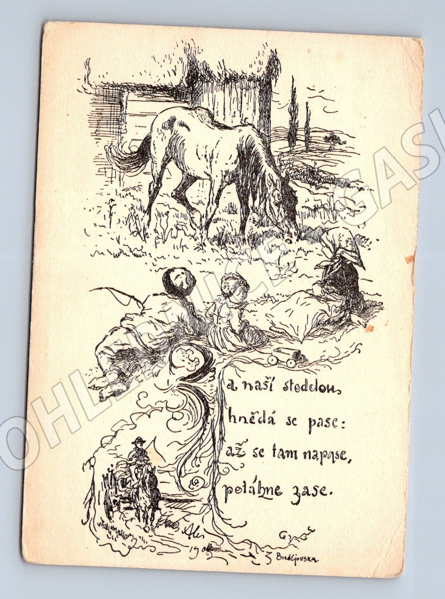 Pohlednice Mikoláš Aleš kresba s koněm 1947 (M6900)