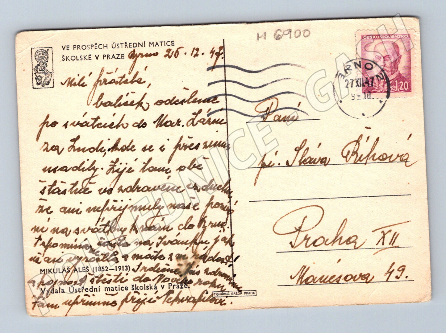 Pohlednice Mikoláš Aleš kresba s koněm 1947 (M6900)