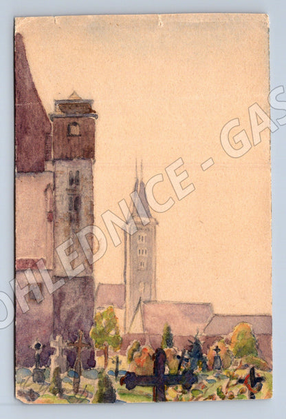 Pohlednice Hrad a hřbitov akvarel ruční malba (M6942)