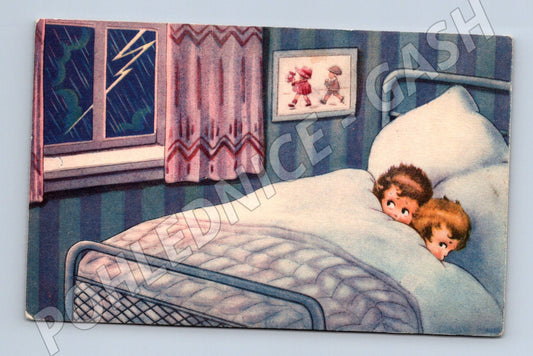 Pohlednice Děti v posteli bouřka ČSR (M7025)