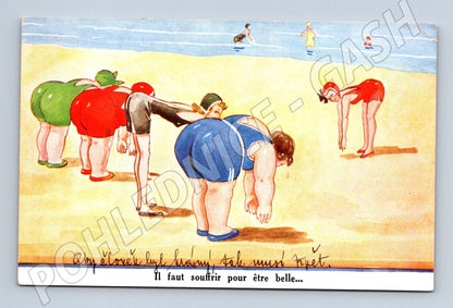 Pohlednice Ženy na pláži rozcvička retro (M7028)