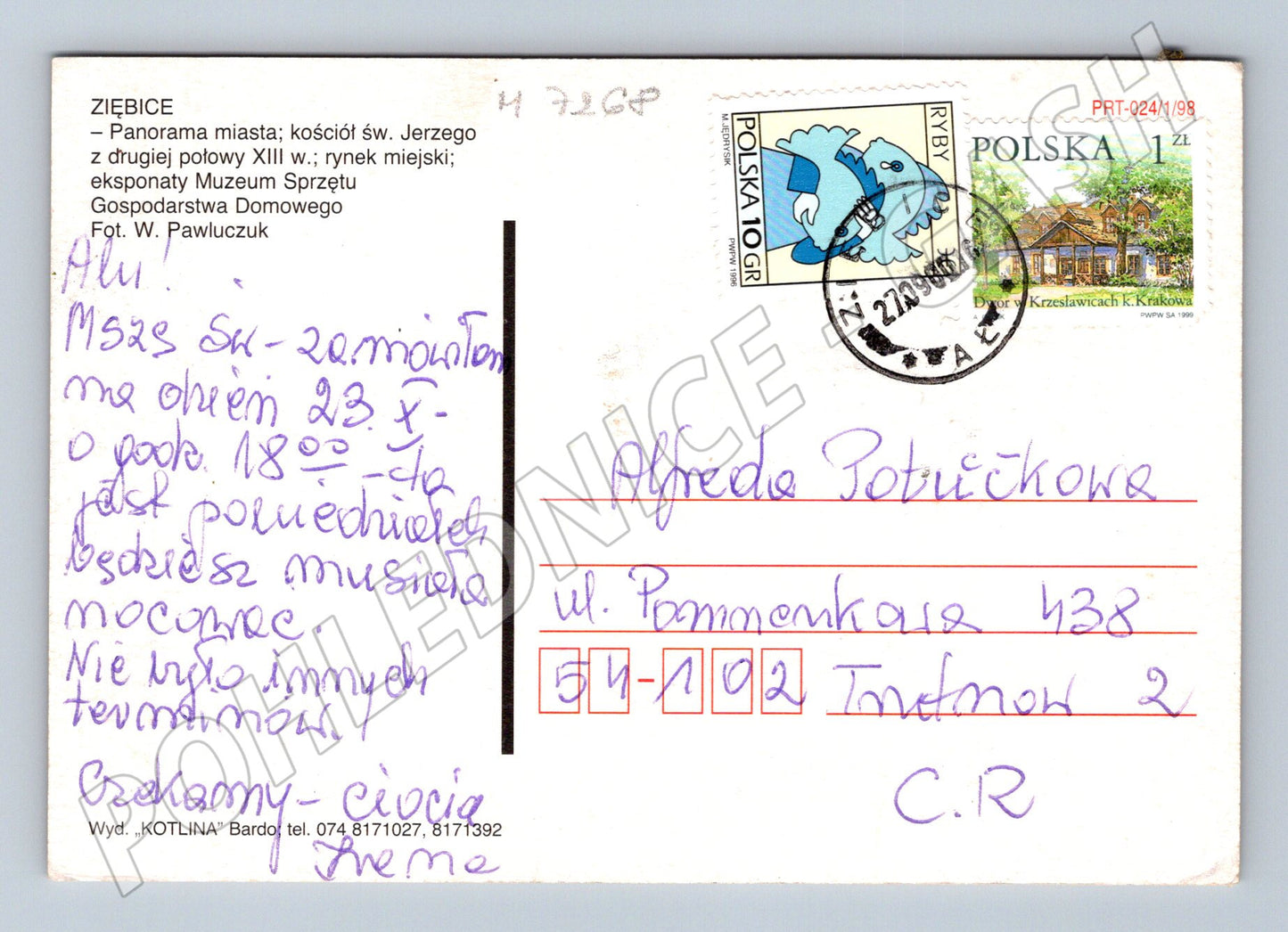 Pohlednice Ziębice koláž známky 1998 (M7268)