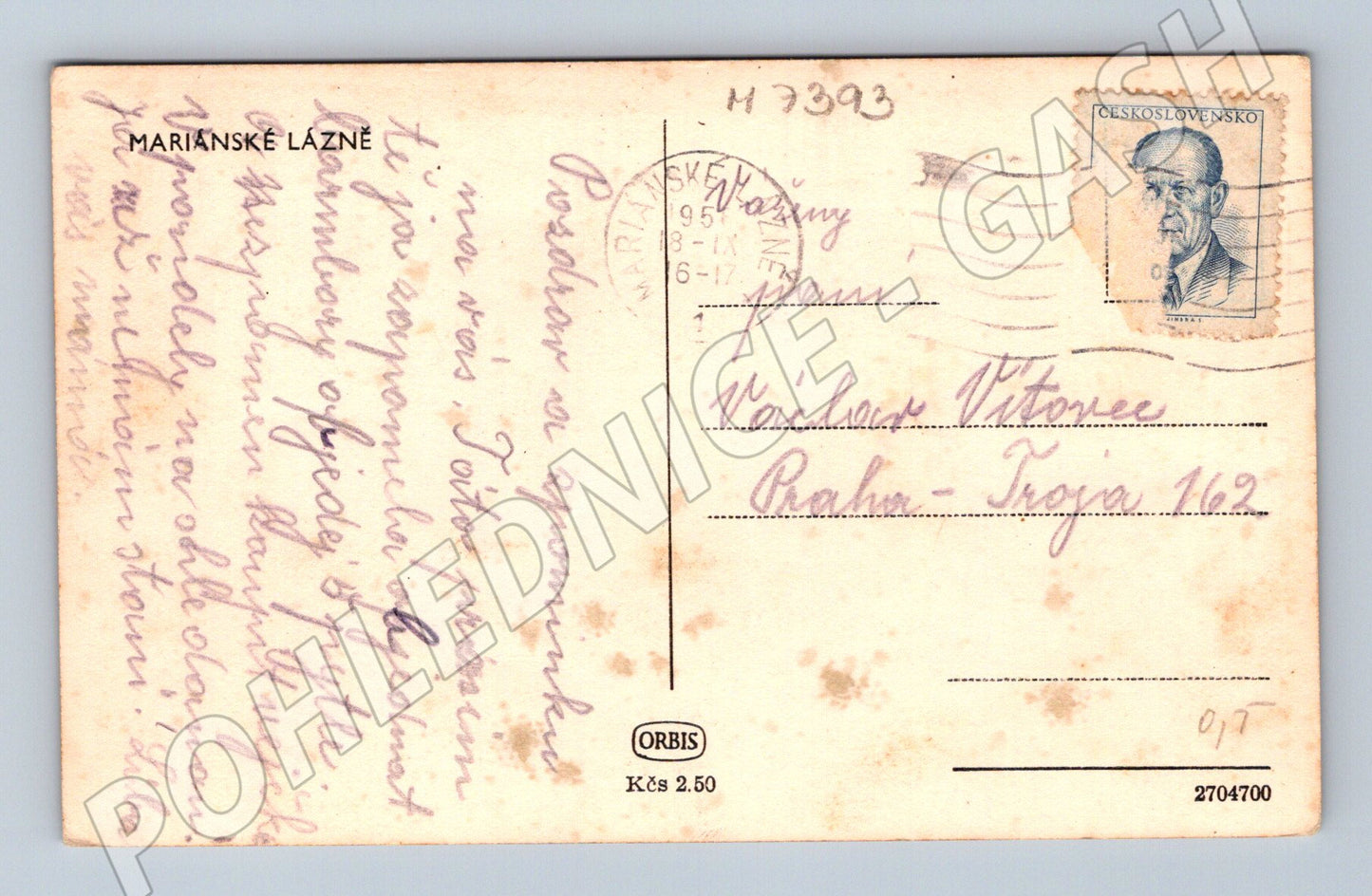 Pohlednice Mariánské Lázně zaslaná 1951 (M7393)