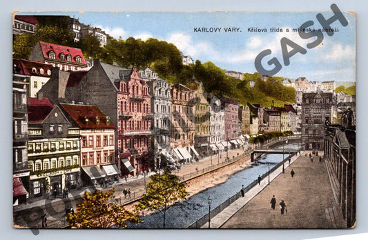 Pohlednice Karlovy Vary Křížová třída Mlýnské nábřeží (M742)