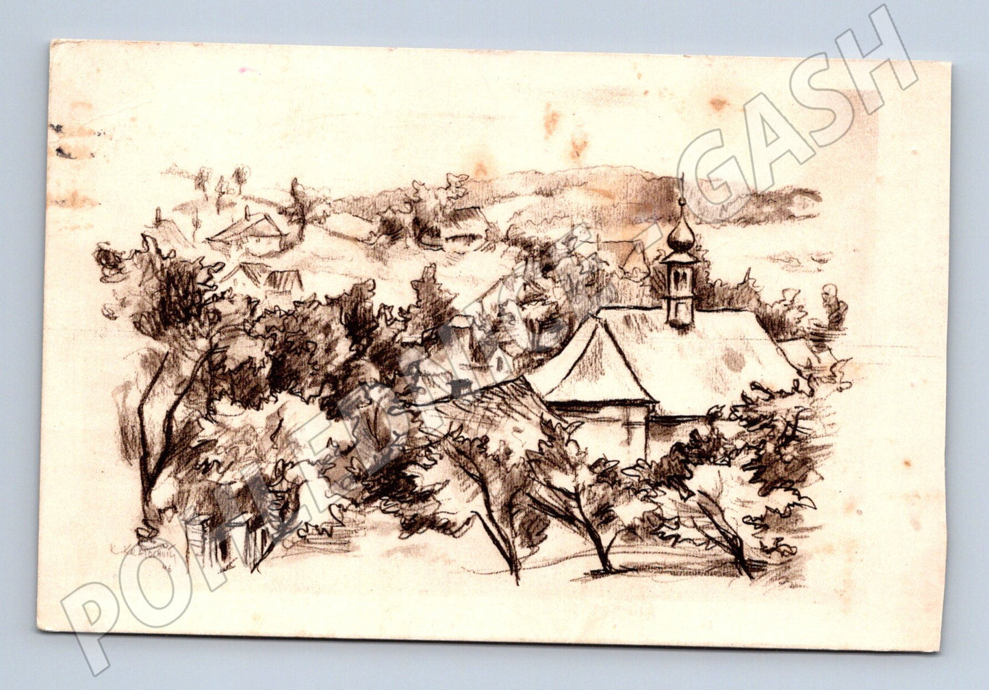 Pohlednice Kalvoda kresba vesnice 1946 (M7424)