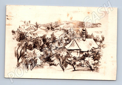 Pohlednice Kalvoda kresba vesnice 1946 (M7424)