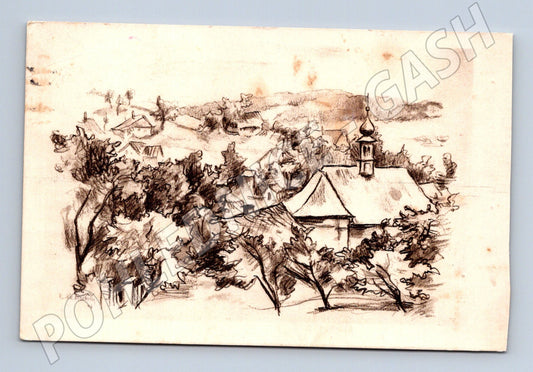Pohlednice Kalvoda kresba vesnice 1946 (M7424)