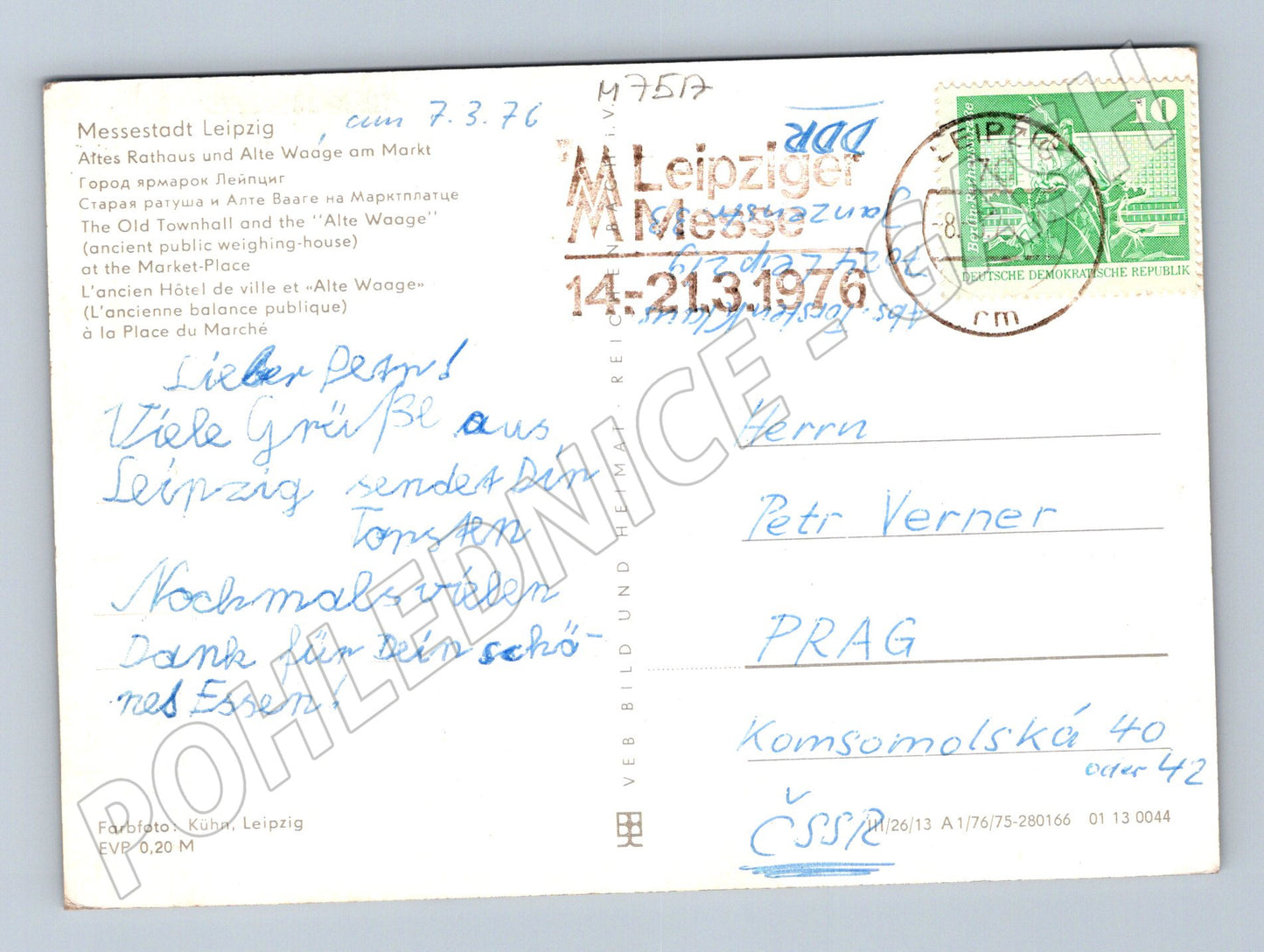 Postcard Leipzig 1976 town hall and market sent (M7517)