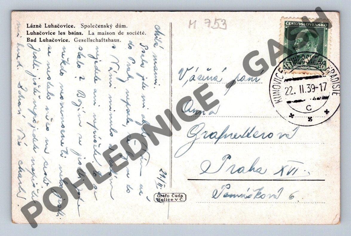 Pohlednice Luhačovice Společenský dům 1939 ČSR (M753)
