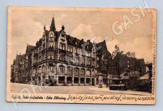 Pohlednice Opava Bahnhofplatz roh Löbeovy ulice (M7550)