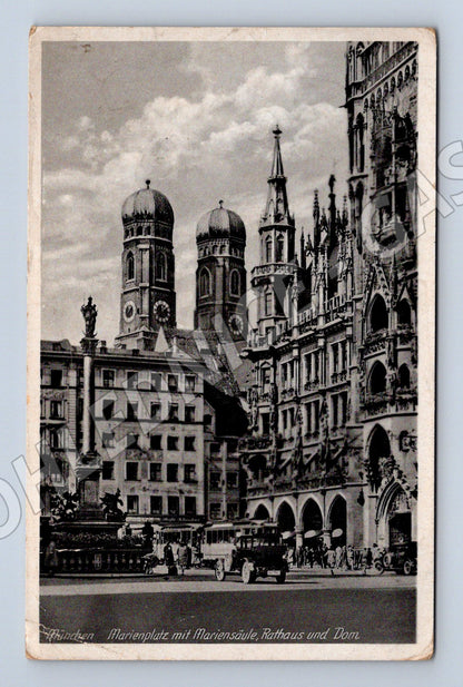 Pohlednice Mnichov Marienplatz radnice a Frauenkirche prošlá (M7610)