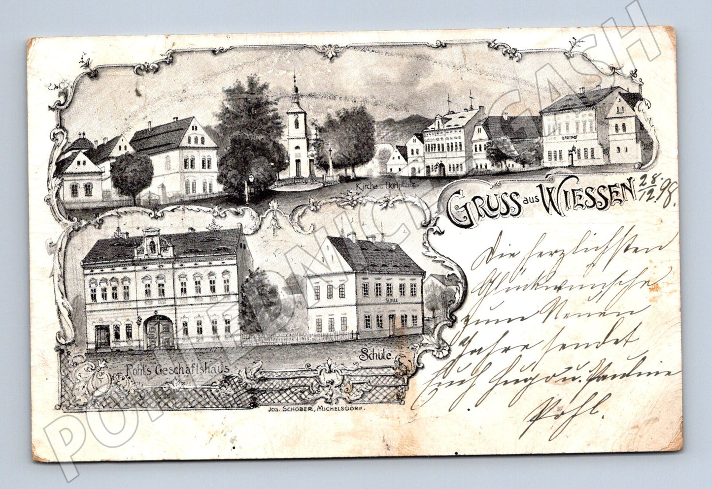 Pohlednice Gruss aus Wiessen 1898 škola a obchod Čechy (M7617)