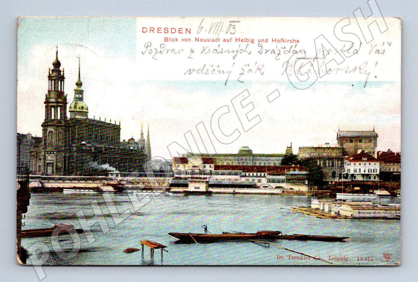 Pohlednice Drážďany 1913 parníky na Labi kostel (M7636)