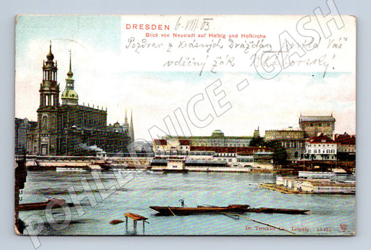 Pohlednice Drážďany 1913 parníky na Labi kostel (M7636)