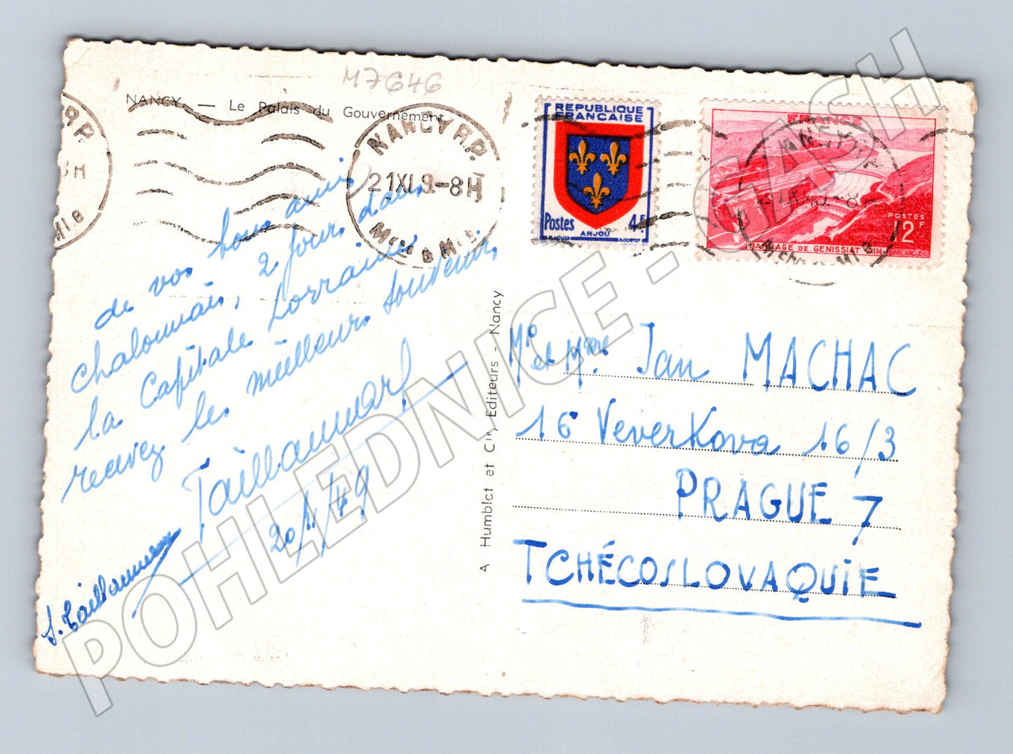 Pohlednice Nancy Palais du Gouvernement 1949 do Prahy (M7646)