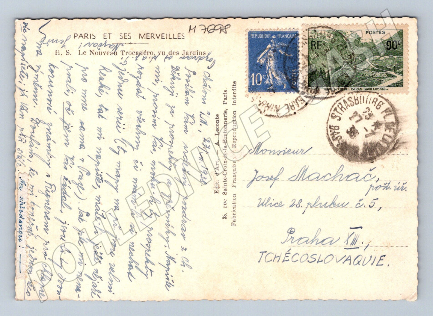Pohlednice Paříž Trocadéro 1938 zaslaná do ČSR (M7698)