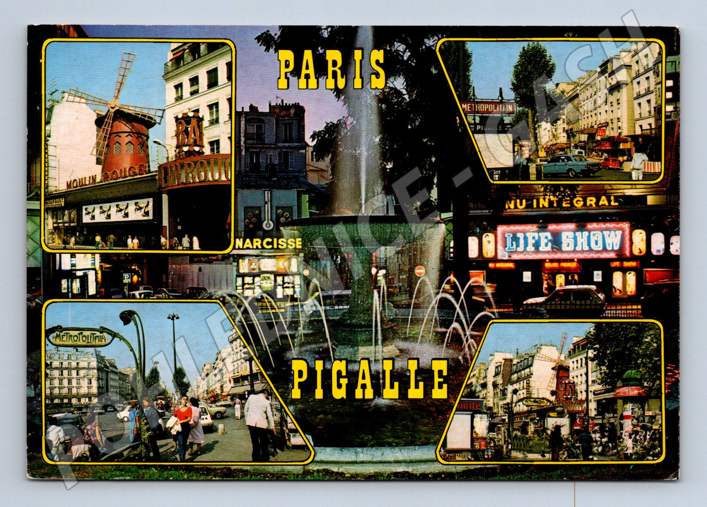 Postcard Paris Pigalle Moulin Rouge collage France (M7705)