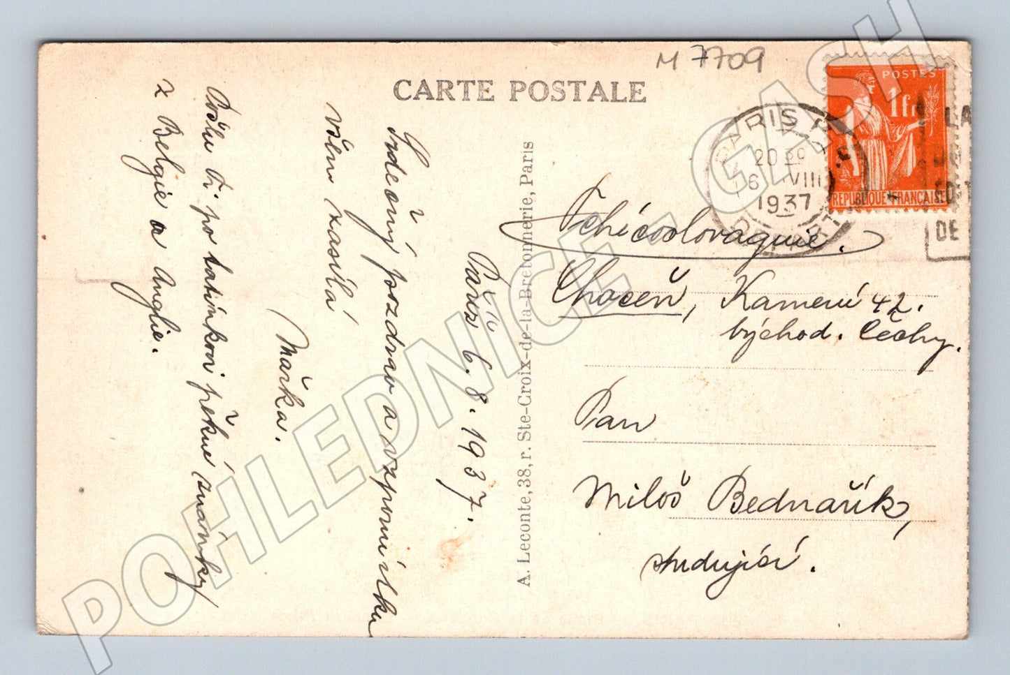 Postcard Paris Place de la Concorde 1937 to Czechoslovakia (M7709)
