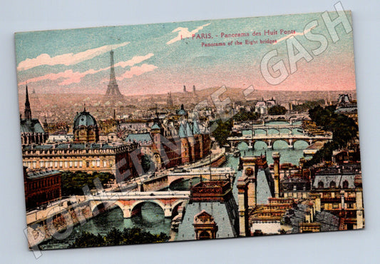 Pohlednice Paříž panorama osmi mostů 1928 kolor (M7751)