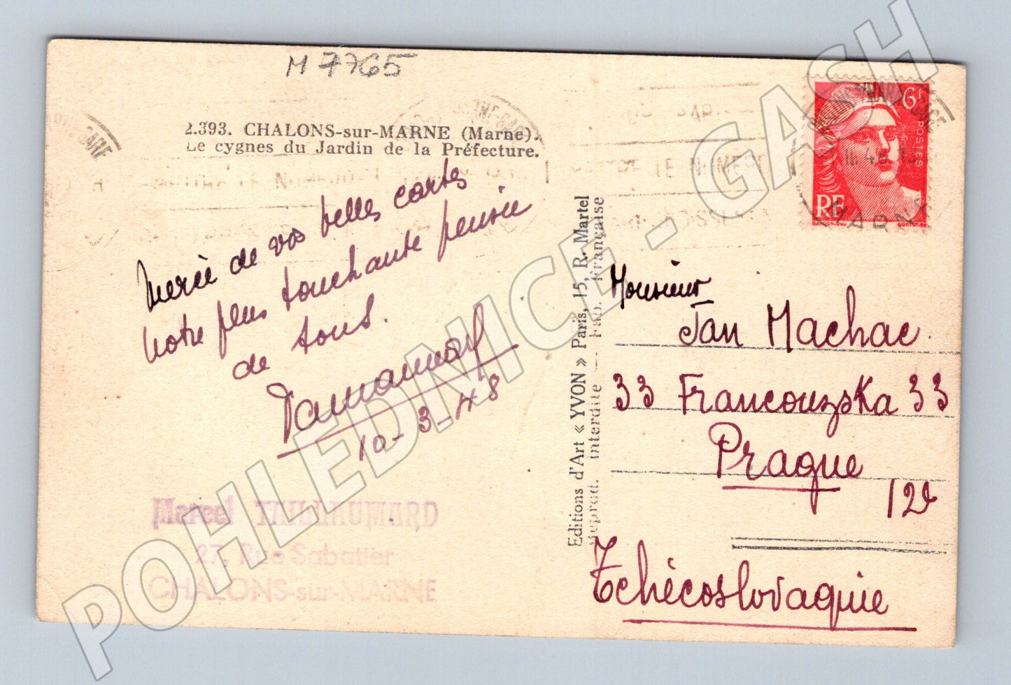 Pohlednice Châlons sur Marne labutě 1948 Francie (M7765)