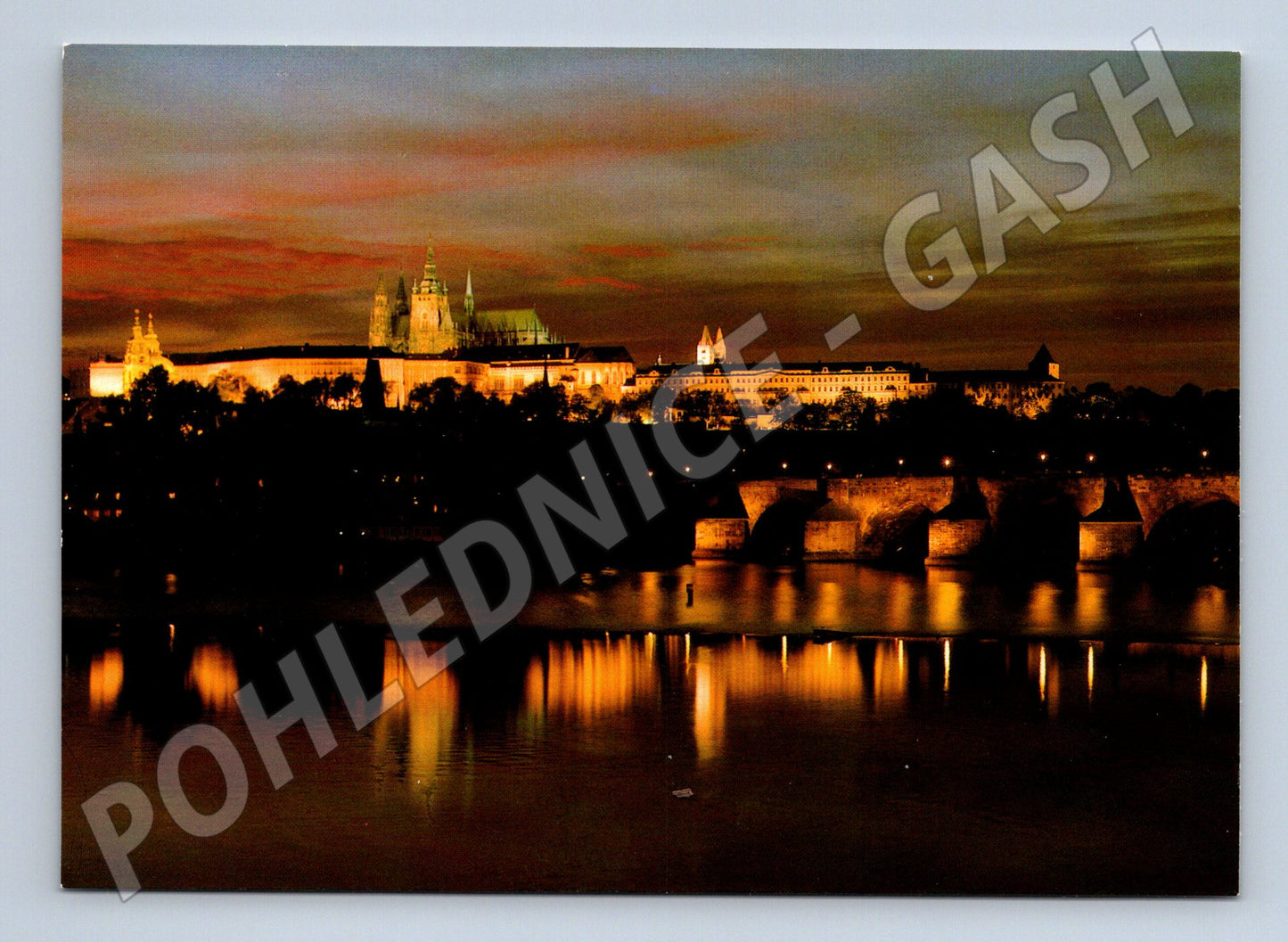 Postcard Prague Castle and Charles Bridge at night large format (M7908)